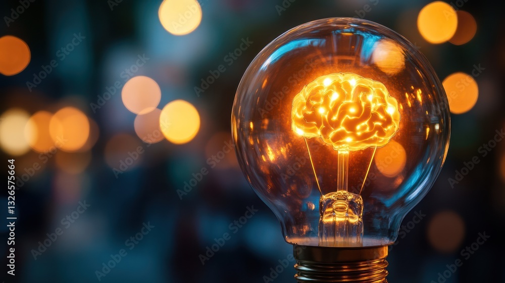 Glowing lightbulb with brain inside, bokeh background. Glowing lightbulb with brain inside, bokeh background.