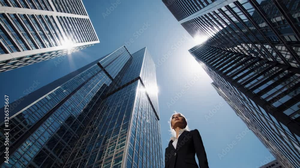 Woman in business attire stands confidently among towering skyscrapers under clear sky Woman in business attire stands confidently among towering skyscrapers under clear sky
