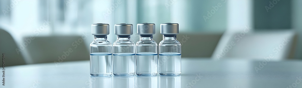 Four vials, lab table, blurred office Four vials, lab table, blurred office