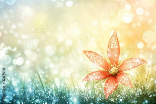 A vibrant red flower with dew drops on petals against a soft, blurred background.