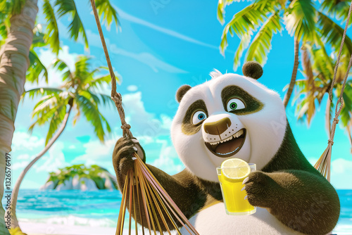A cartoonish, happy panda lies in a hammock on an exotic island under palm trees against the backdrop of the ocean with a glass of lemonade in her hand.
