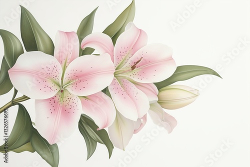 A stunning arrangement of pink lilies with green leaves against a light background.