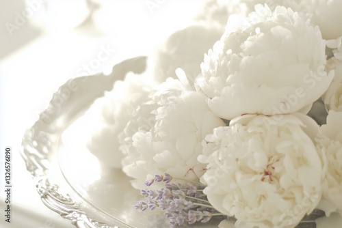 A beautiful arrangement of white peonies and lavender on a silver tray.