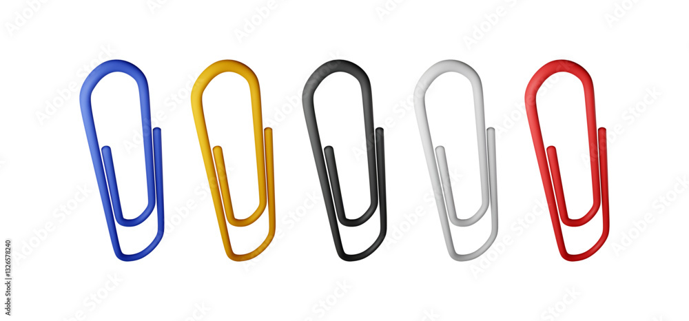3D set of colored paper clips isolated on white. Render collection of paperclip icons. Tools for education and work. Stationery and office supply. Vector illustration 3D set of colored paper clips isolated on white. Render collection of paperclip icons. Tools for education and work. Stationery and office supply. Vector illustration