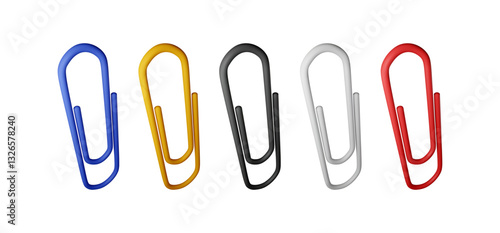 3D set of colored paper clips isolated on white. Render collection of paperclip icons. Tools for education and work. Stationery and office supply. Vector illustration