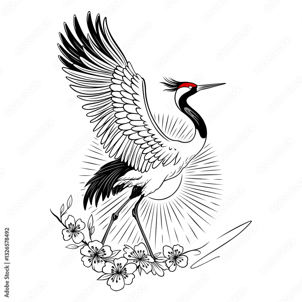 Fototapeta premium Kranich mit Kirschblüten. Frühling Vektor.