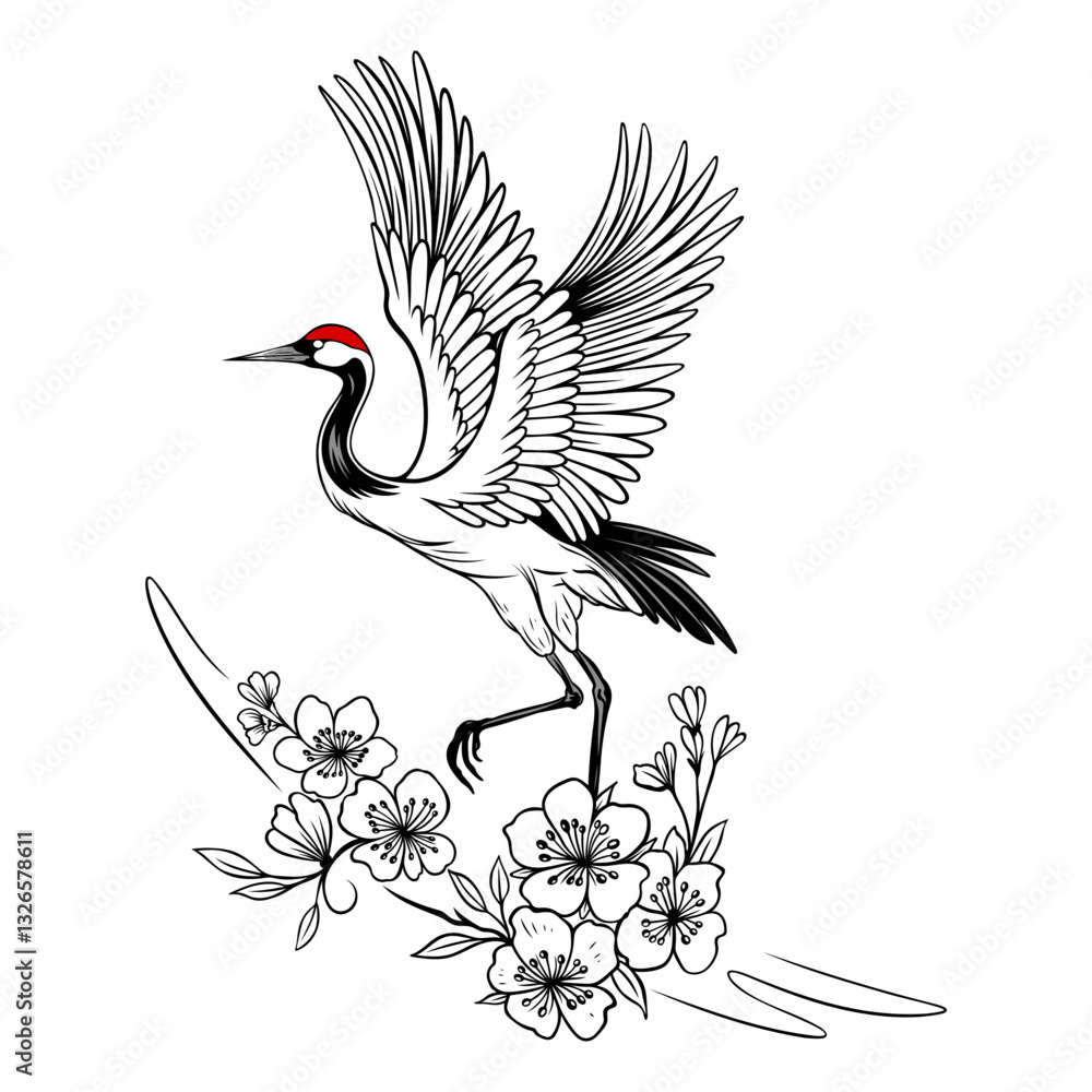 Fototapeta premium Kranich mit Kirschblüten. Frühling Vektor.