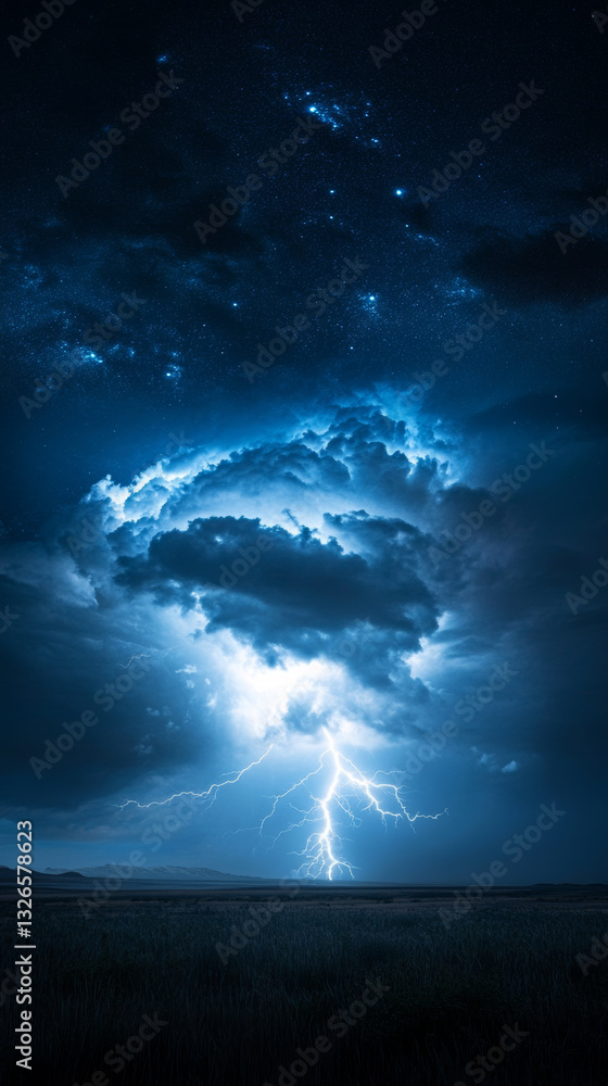 Fototapeta premium dramatic lightning storm illuminates night sky over vast plain, with striking bolts and glowing clouds creating surreal atmosphere.
