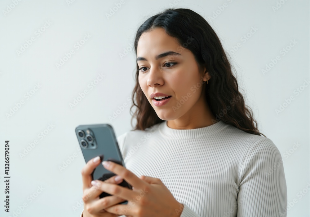 Young businesswoman is using mobile phone, reading shocking news in social network or unexpected message Young businesswoman is using mobile phone, reading shocking news in social network or unexpected message