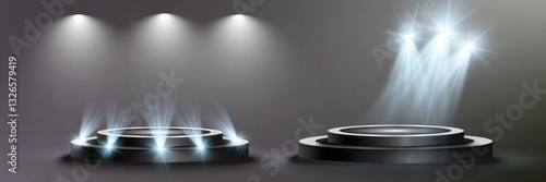 Illuminated podium with spotlights and dark background for award, event, or presentation.
