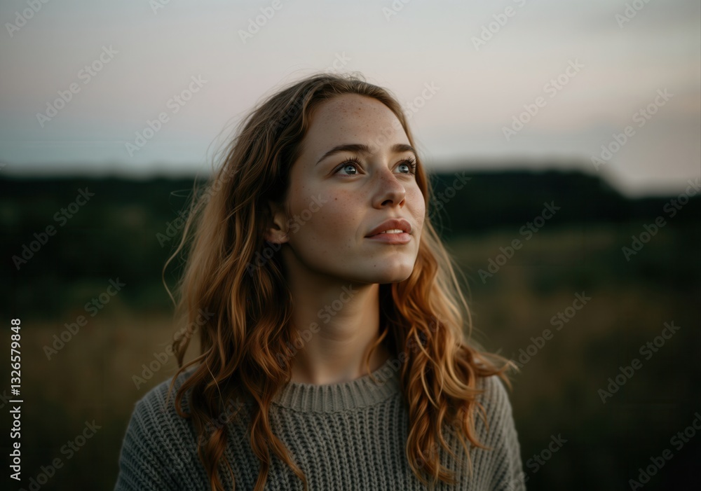 Portrait of a hopeful young woman looking up at the sky with a contemplative expression in a field at dusk Portrait of a hopeful young woman looking up at the sky with a contemplative expression in a field at dusk