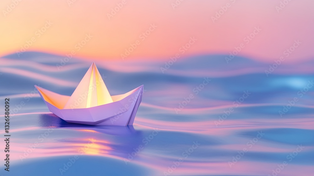 A whimsical scene of a glowing paper boat floating on a pastel-colored sea. picture A whimsical scene of a glowing paper boat floating on a pastel-colored sea. picture