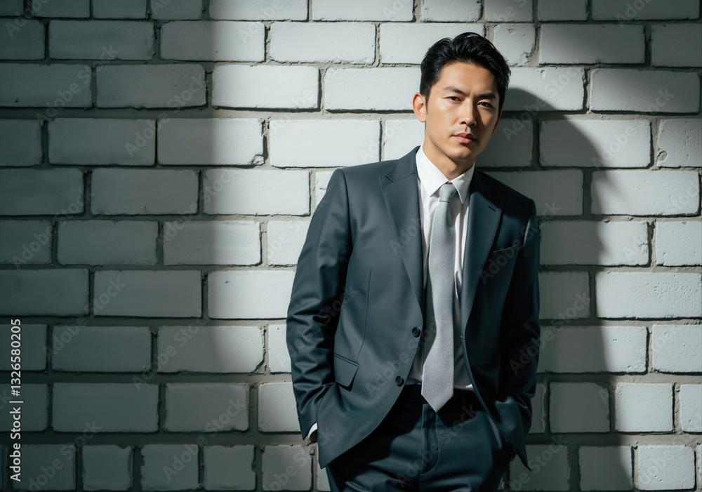 Portrait of a confident businessman standing against a white brick wall, conveying professionalism and determination Portrait of a confident businessman standing against a white brick wall, conveying professionalism and determination