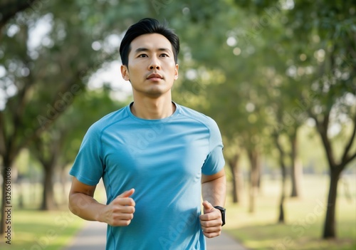 Asian man jogging in a city park, enjoying his outdoor workout for physical and mental health