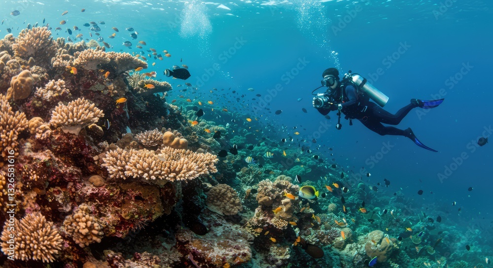 Obraz premium a diver found a giant beautiful corals with a lot of tiny fish