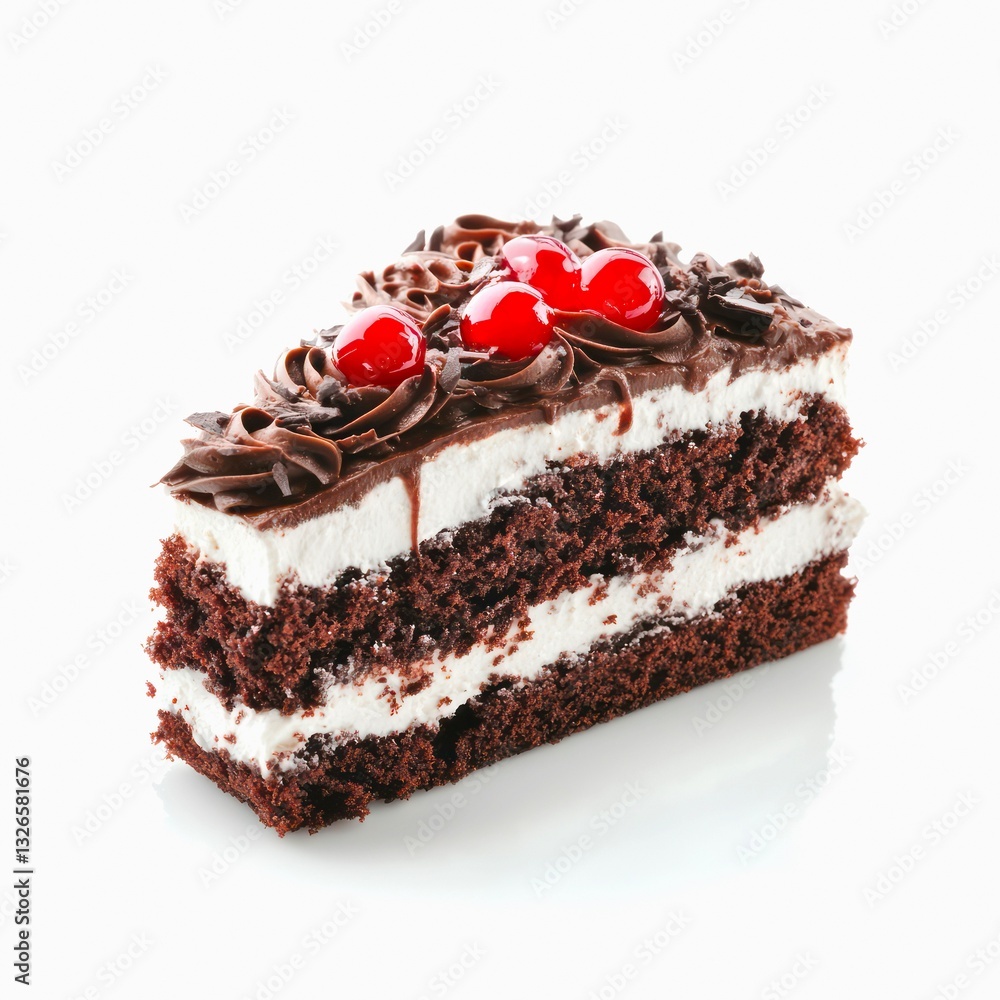 Slice of Black Forest cake isolated on white background. Slice of Black Forest cake isolated on white background.