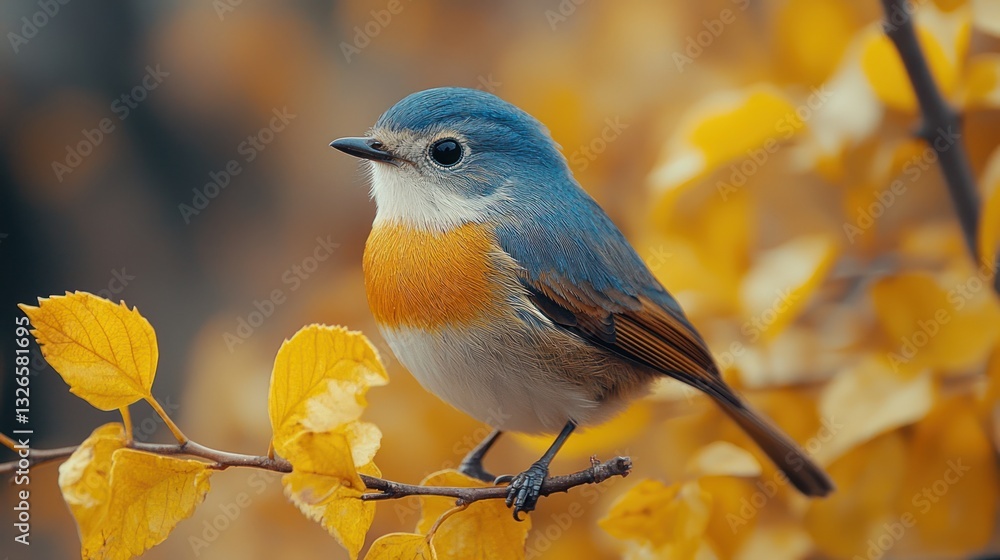 Vibrant blue and orange bird perched on autumn leaves. Vibrant blue and orange bird perched on autumn leaves.