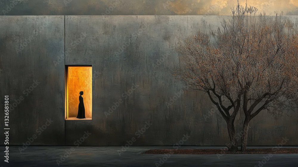 Silhouetted woman in an illuminated window against a stark wall beside a barren tree at dusk, minimalist scene evoking solitude and reflection