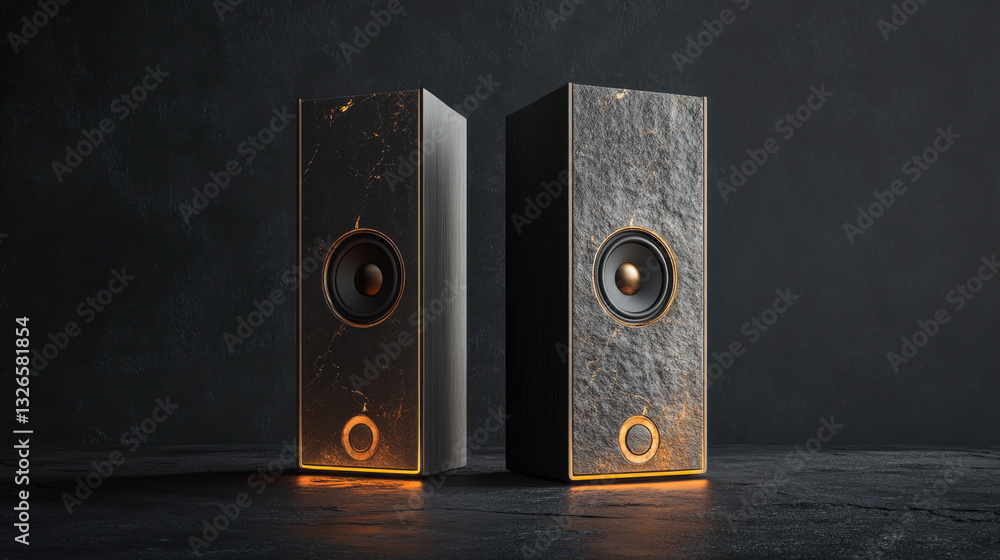 Stylish modern speakers with stone and wood finish illuminated by warm ambient lighting on dark background for home audio enthusiasts