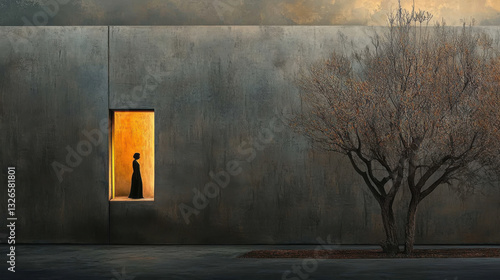 Obraz na płótnie Silhouetted woman in an illuminated window against a stark wall beside a barren tree at dusk, minimalist scene evoking solitude and reflection w salonie