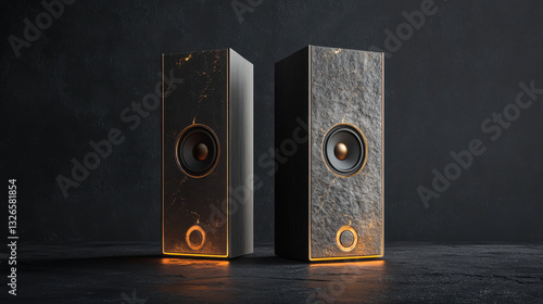 Obraz na płótnie Stylish modern speakers with stone and wood finish illuminated by warm ambient lighting on dark background for home audio enthusiasts w salonie