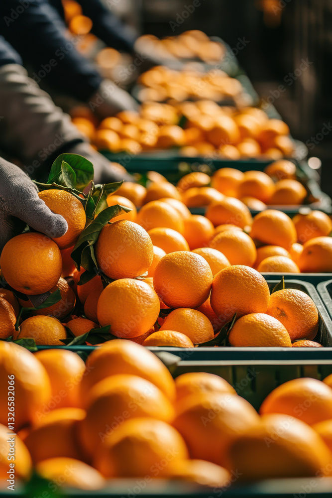 Fresh oranges being sorted in a marketplace displaying vibrant citrus fruits and green leaves