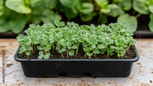 Fresh green microgreens growing in black tray on soil background with vibrant greenery surrounding