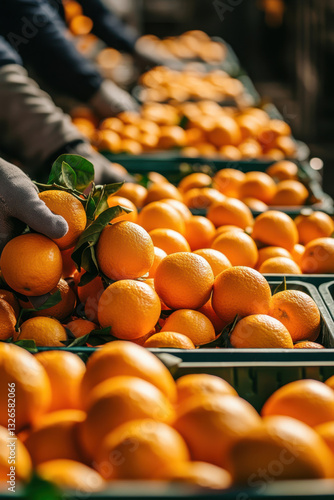 Obraz na płótnie Fresh oranges being sorted in a marketplace displaying vibrant citrus fruits and green leaves w salonie