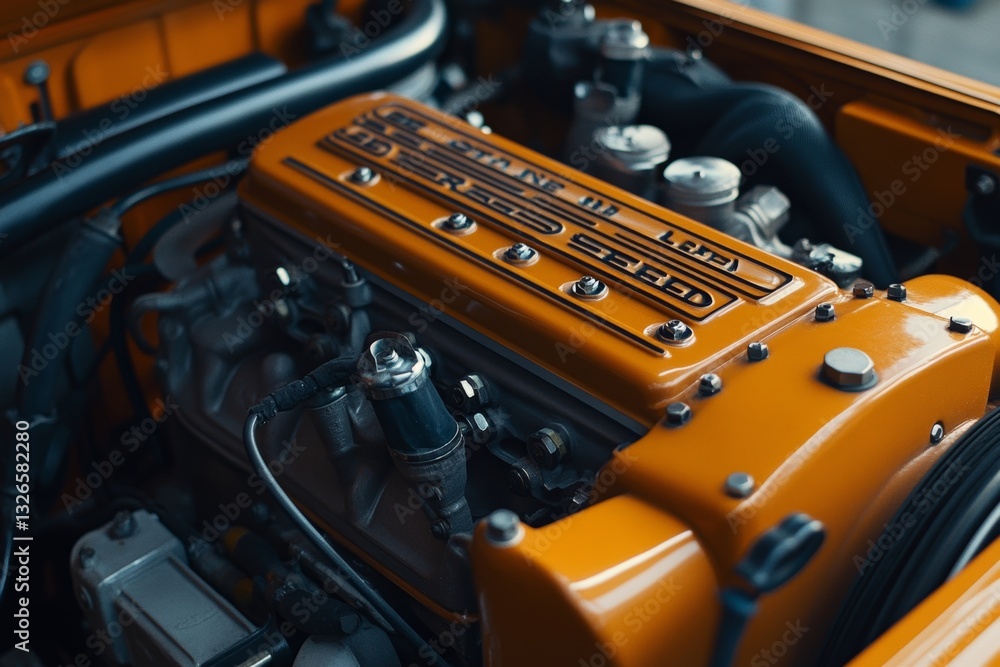 Fototapeta premium Car engine with orange sheen captured in professional soft light and sharp focus photography