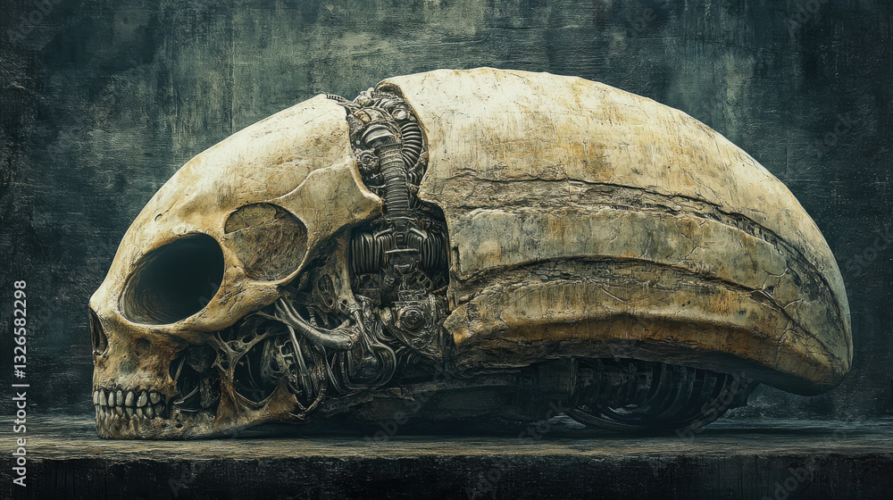 Futuristic biomechanical skull with intricate mechanical components and weathered surface against a dark, textured background
