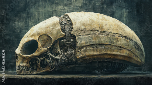 Obraz na płótnie Futuristic biomechanical skull with intricate mechanical components and weathered surface against a dark, textured background w salonie