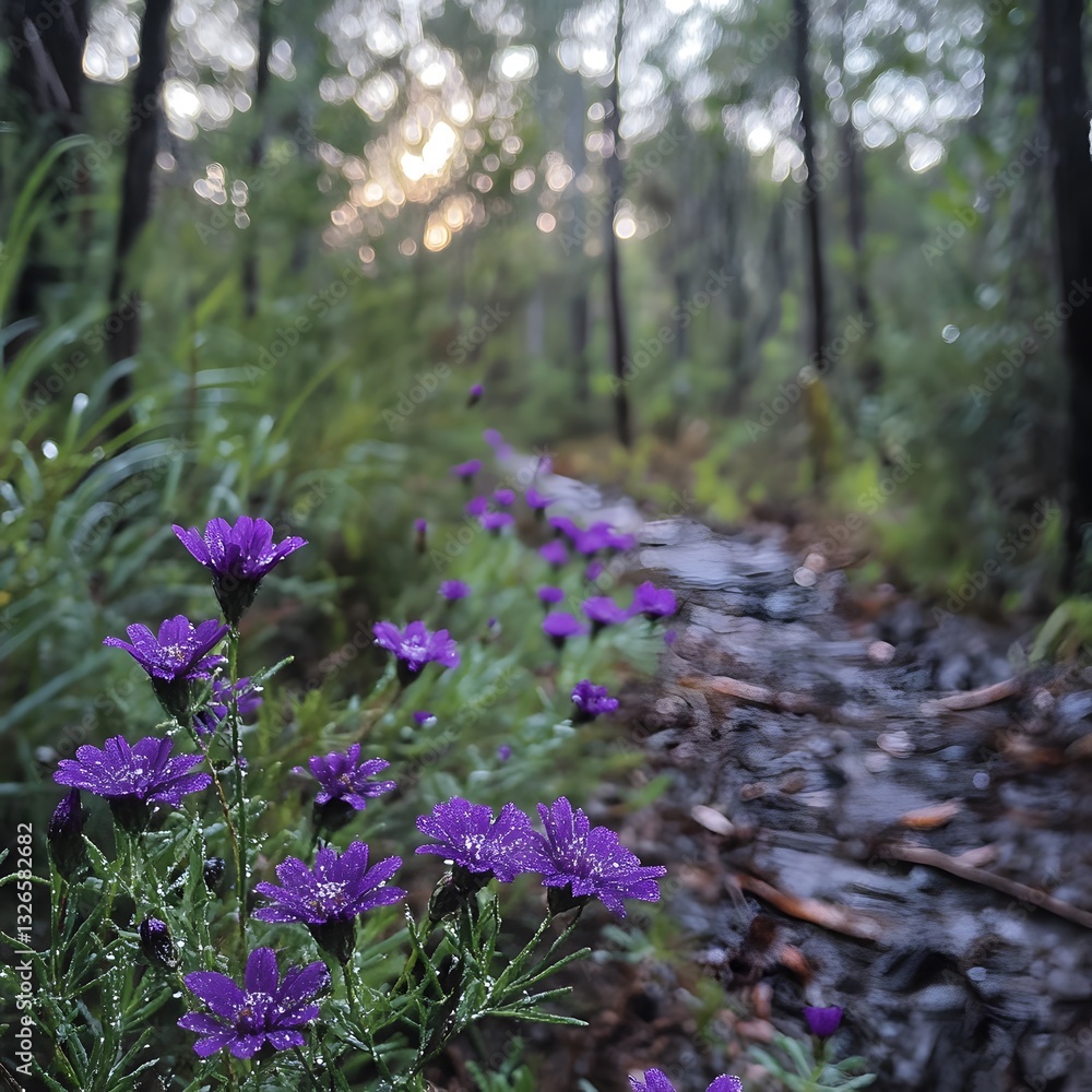 Obraz premium Purple Flowers Trail Forest Path Sunrise Dew Drops