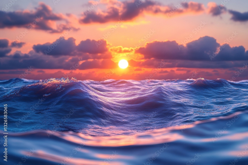 Obraz premium Breathtaking sunset reflections on the waves of the deep blue sea with vibrant clouds in the sky