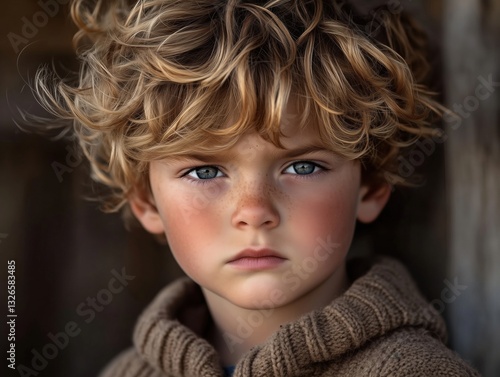 A young boy with curly hair and blue eyes, wearing a brown sweater, looking serious against a blurred background.