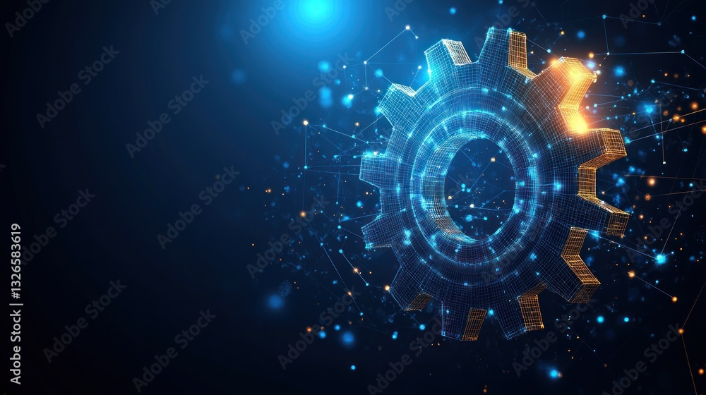 Obraz premium Abstract gear graphic with glowing points, network background