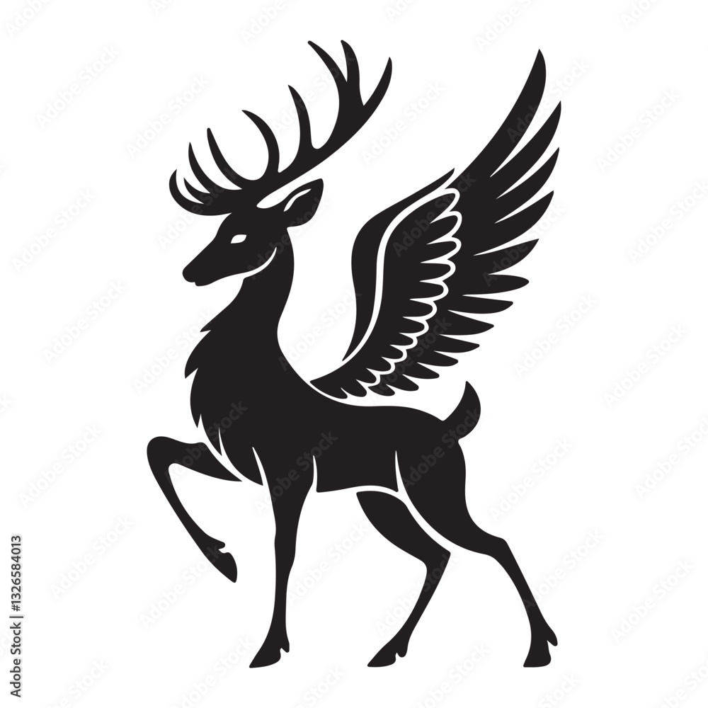 Fototapeta premium Deer with wings silhouette vector illustration on white background 