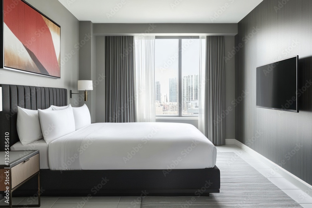 Fototapeta premium A modern and comfortable bedroom featuring various furniture and decor