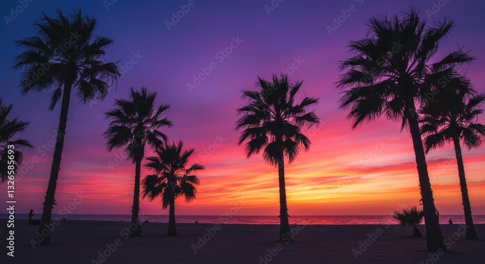 Obraz premium Silhouettes of tall palm trees stand against a vibrant sunset sky, blending hues of pink, orange, and blue. The scene captures a serene and tropical atmosphere
