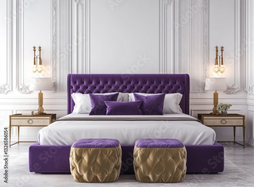 A luxurious bedroom interior showcases a contemporary elegant design with furniture