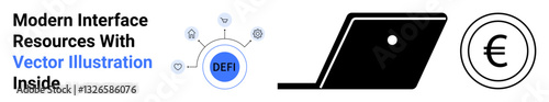 DeFi chip with connecting lines, laptop silhouette, and euro currency circle. Ideal for finance, tech, blockchain, innovation, web3 digital payments global economy. Abstract line flat metaphor