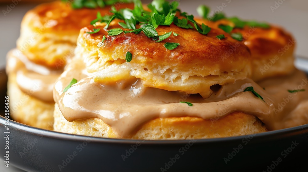 Creamy chicken and biscuit dish featuring fluffy biscuits and rich gravy with parsley garnish Creamy chicken and biscuit dish featuring fluffy biscuits and rich gravy with parsley garnish