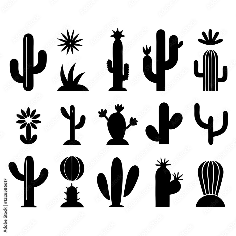 Fototapeta premium Cactus icons set. Black silhouettes of cacti. Vector illustration