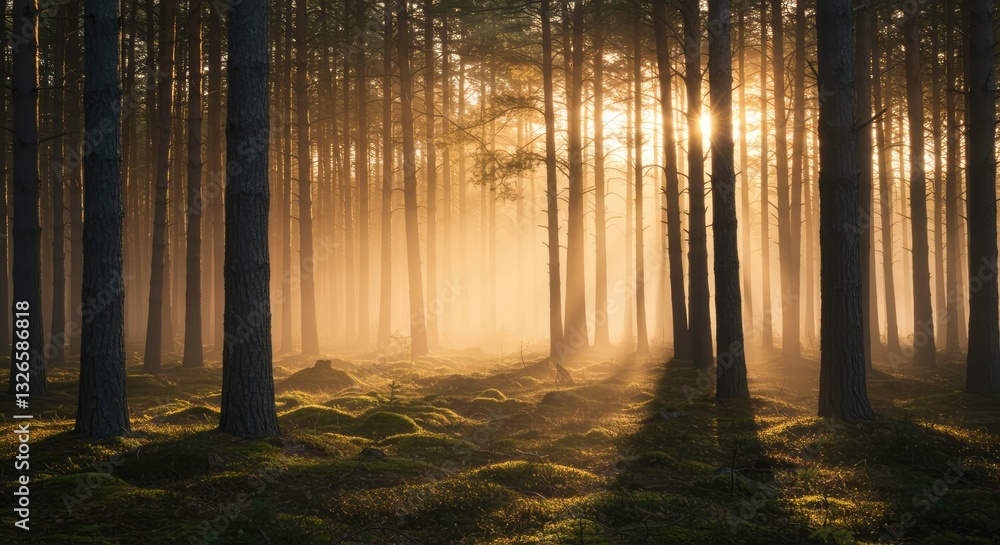 Fototapeta premium Sunlight breaks through a dense forest, casting golden rays and long shadows across the mossy ground. Perfect for fantasy, peace, or woodland atmosphere
