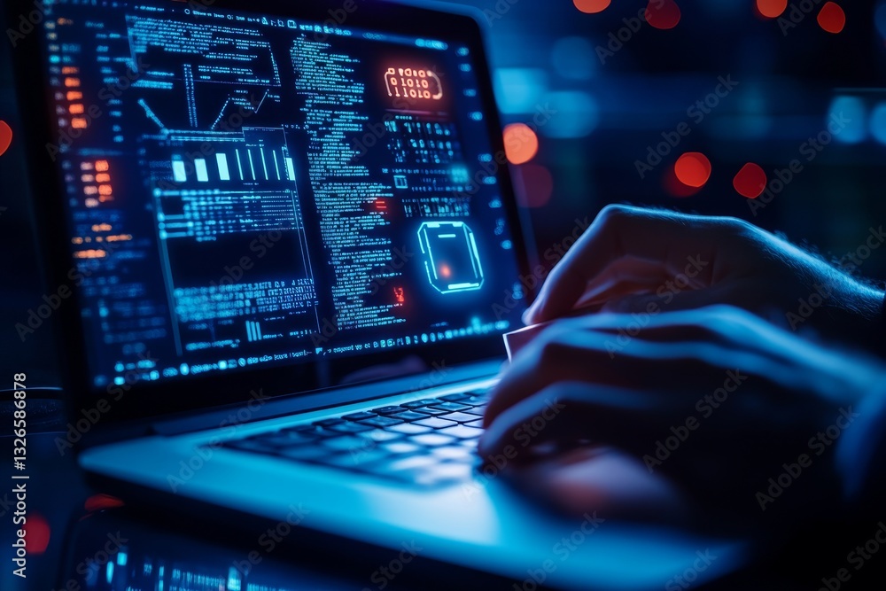 Hacker engaged in cyber security with holographic icons and code background on a laptop Hacker engaged in cyber security with holographic icons and code background on a laptop
