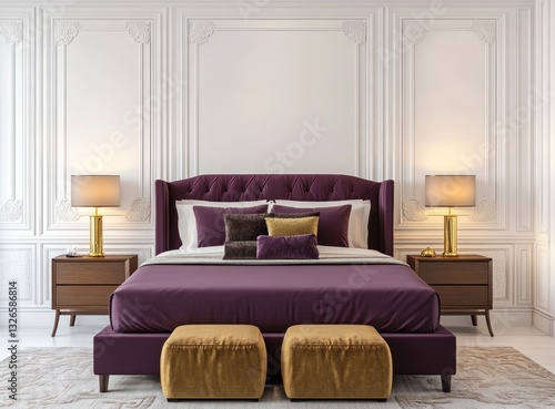 Luxurious bedroom interior featuring a large bed and decorative elements