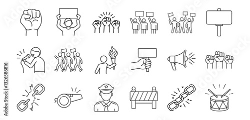 Protest and activism line icon set. Vector pictograms of clenched fists, placard, marches, crowd, megaphone, broken chain, peaceful demonstration thin linear illustration.