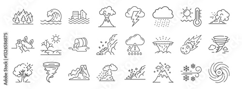 Disaster, weather hazard line icon set. Vector pictograms of natural and environmental calamities, wildfire, earthquake, tornado, flood, tsunami, volcanic eruption, blizzard thin linear illustration.