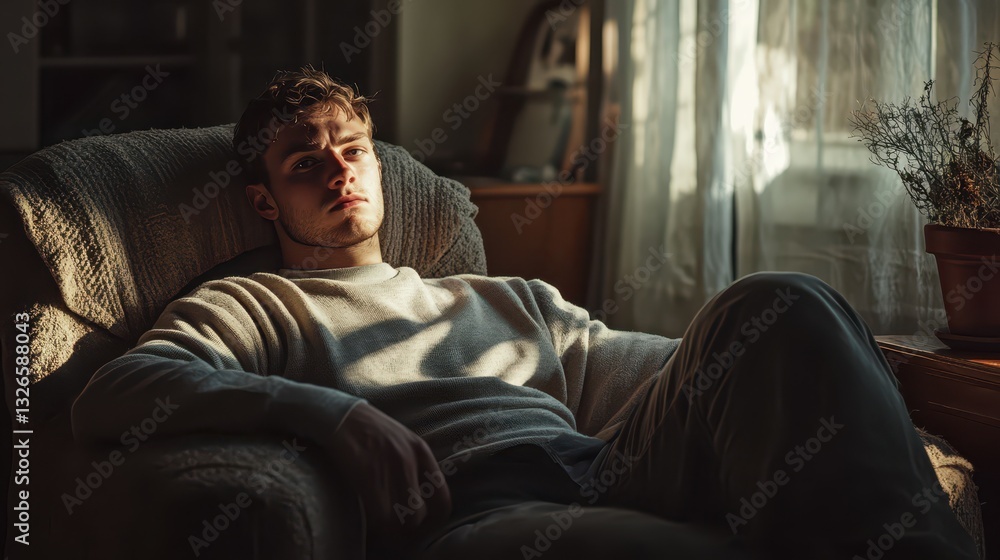 A young man sits comfortably in a plush chair, gazing thoughtfully as sunlight streams through the nearby window, creating a tranquil atmosphere in the cozy living room A young man sits comfortably in a plush chair, gazing thoughtfully as sunlight streams through the nearby window, creating a tranquil atmosphere in the cozy living room