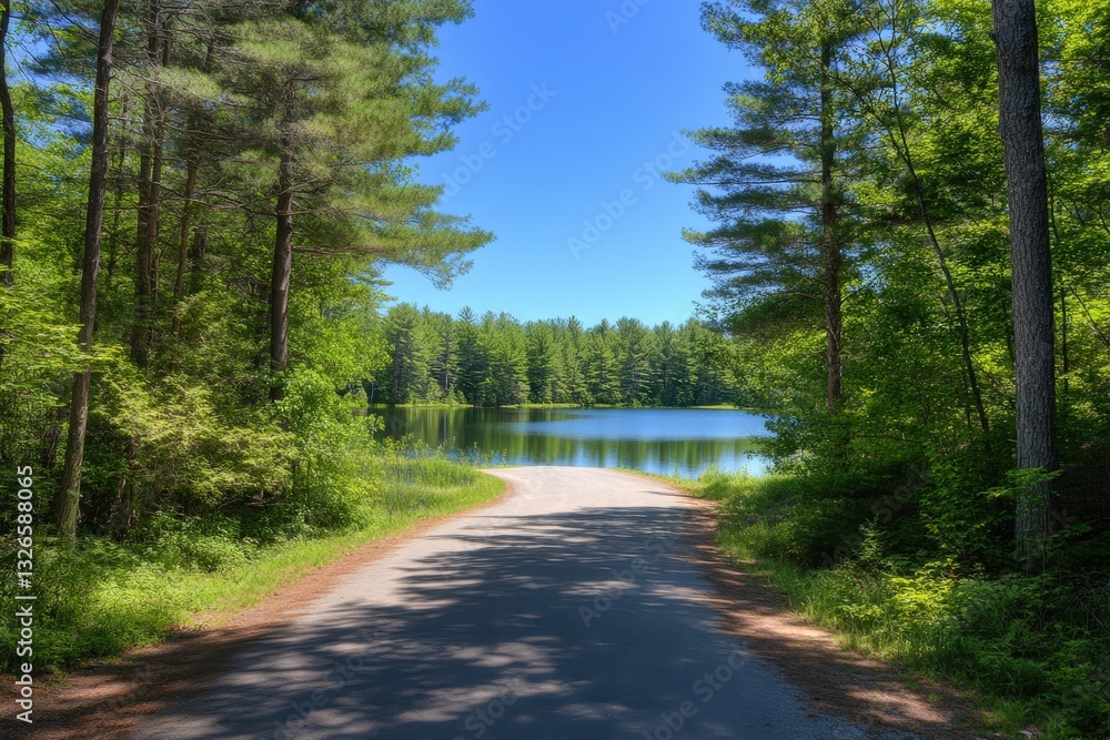 Obraz premium A tranquil road winds through lush greenery, leading to a serene lake under a bright blue sky.