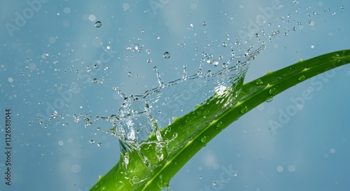 Aloe Vera Plant with Water Splash - Close-up of an aloe vera leaf with a refreshing water splash, perfect for beauty and health products